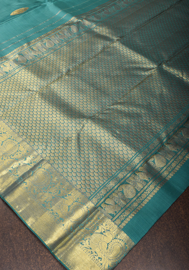 Heather Blue kanjivaram silk saree with damask buttas and zari border | SILK MARK CERTIFIED