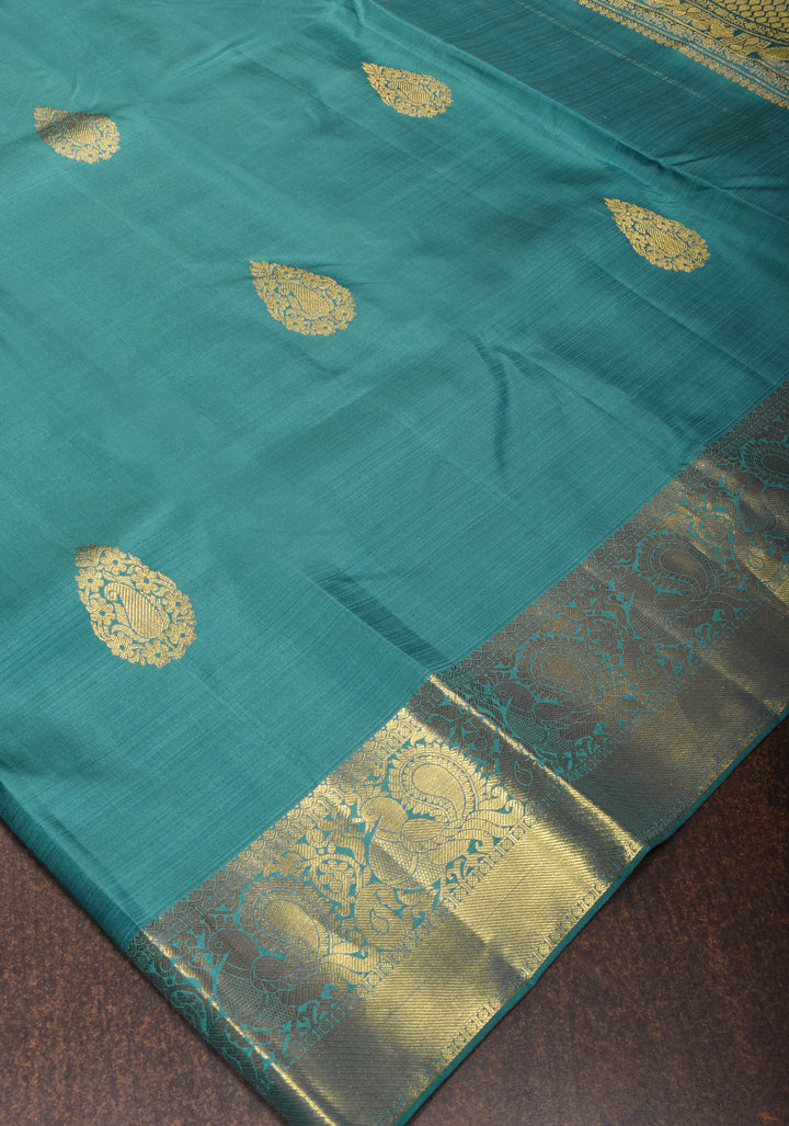 Heather Blue kanjivaram silk saree with damask buttas and zari border | SILK MARK CERTIFIED