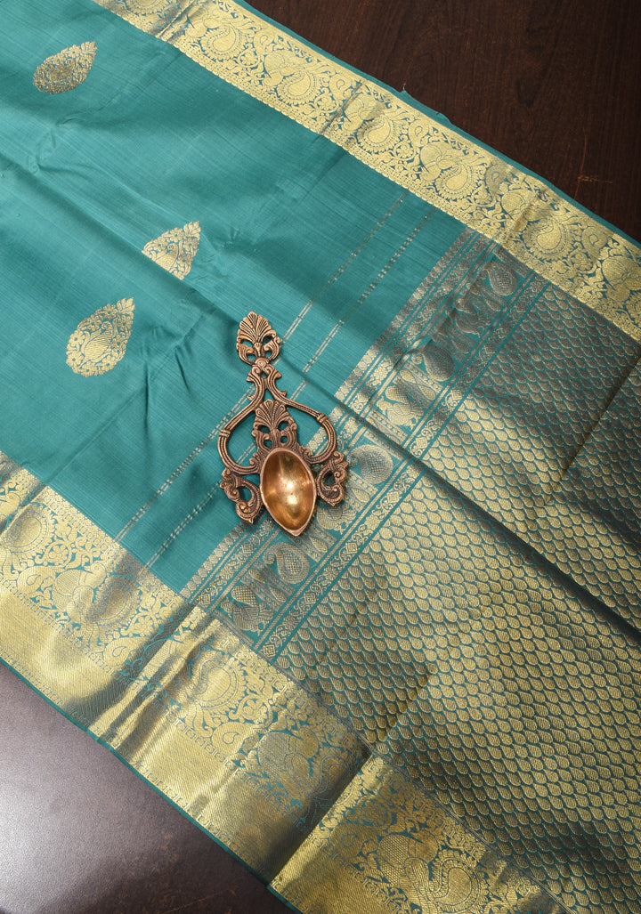 Heather Blue kanjivaram silk saree with damask buttas and zari border | SILK MARK CERTIFIED