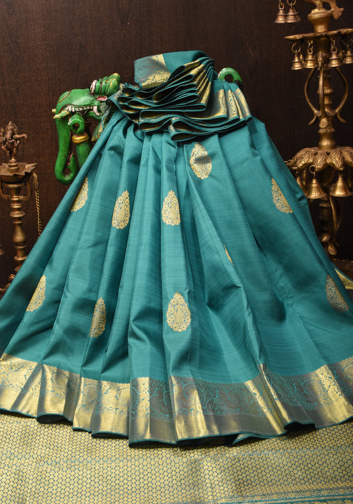 Heather Blue kanjivaram silk saree with damask buttas and zari border | SILK MARK CERTIFIED