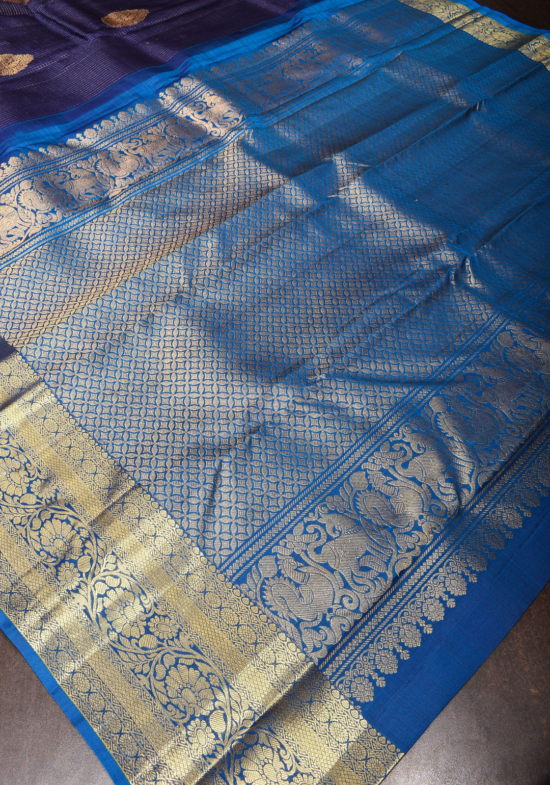 Blue Kanjivaram Pure Silk Saree with Podi Kattam Zari Checks and Damask Buttas with contrast Border | SILK MARK CERTIFIED