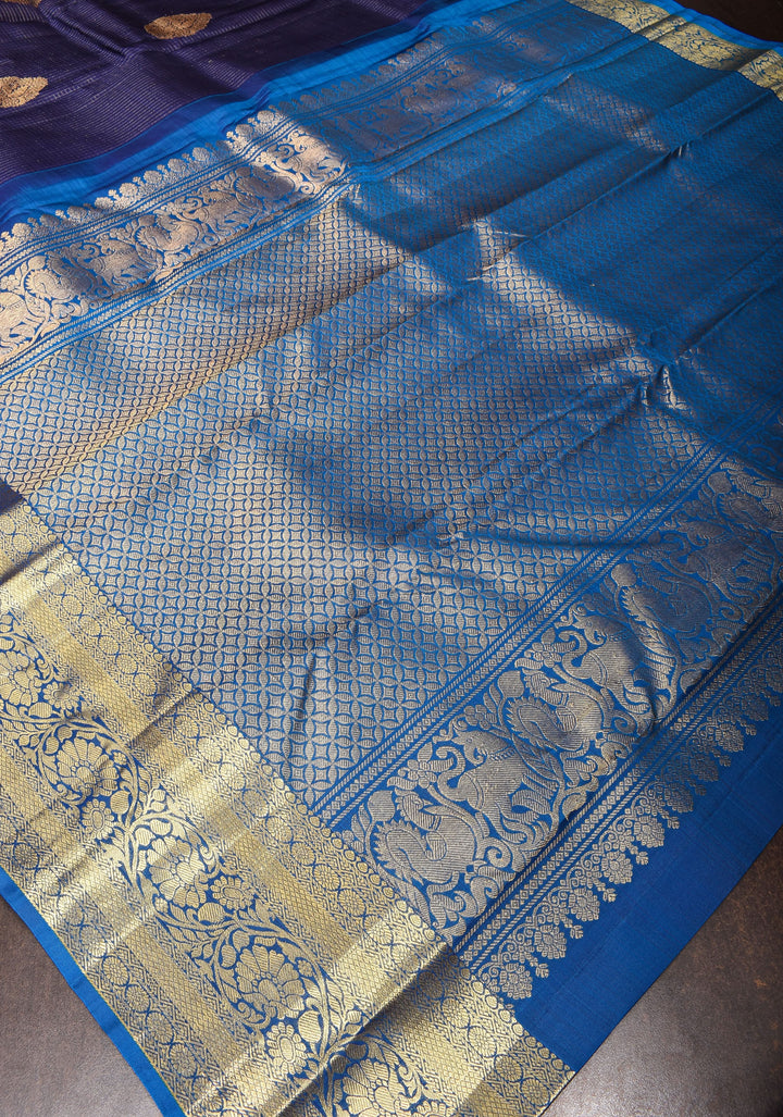 Blue Kanjivaram Pure Silk Saree with Podi Kattam Zari Checks and Damask Buttas with contrast Border | SILK MARK CERTIFIED