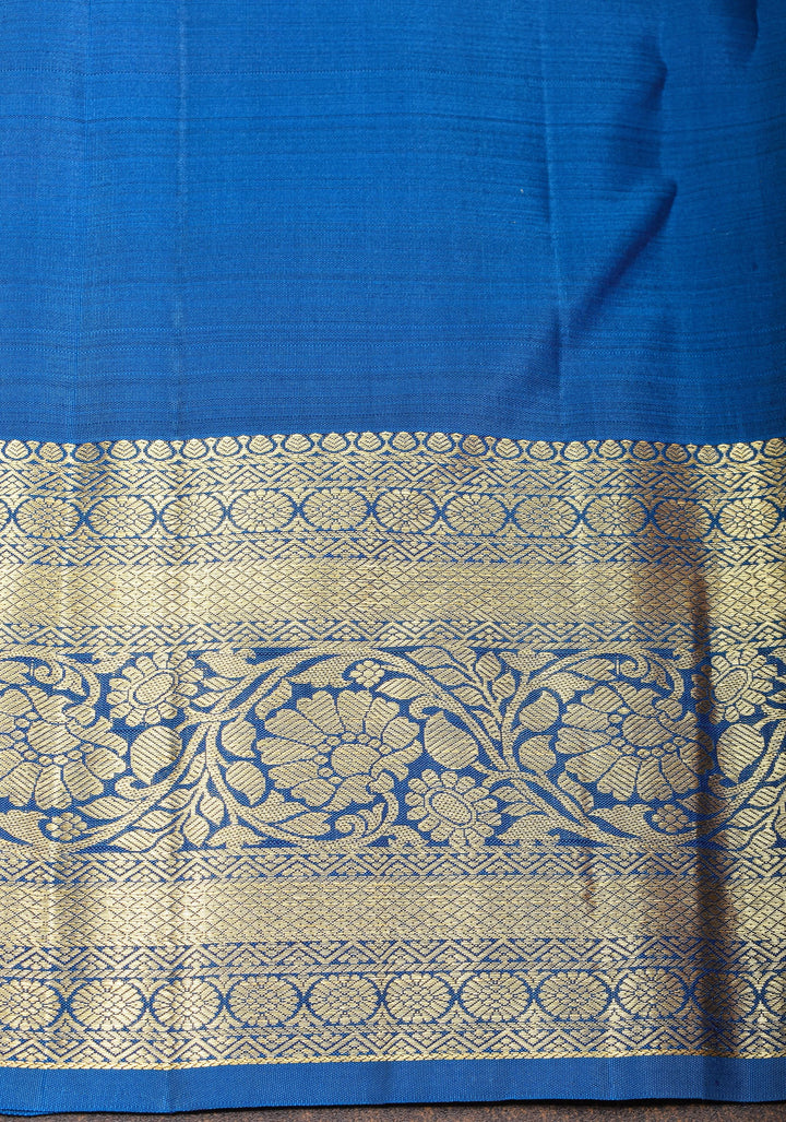 Blue Kanjivaram Pure Silk Saree with Podi Kattam Zari Checks and Damask Buttas with contrast Border | SILK MARK CERTIFIED