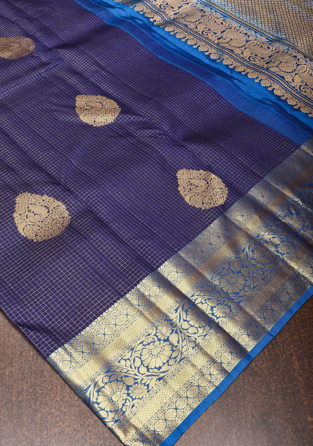 Blue Kanjivaram Pure Silk Saree with Podi Kattam Zari Checks and Damask Buttas with contrast Border | SILK MARK CERTIFIED