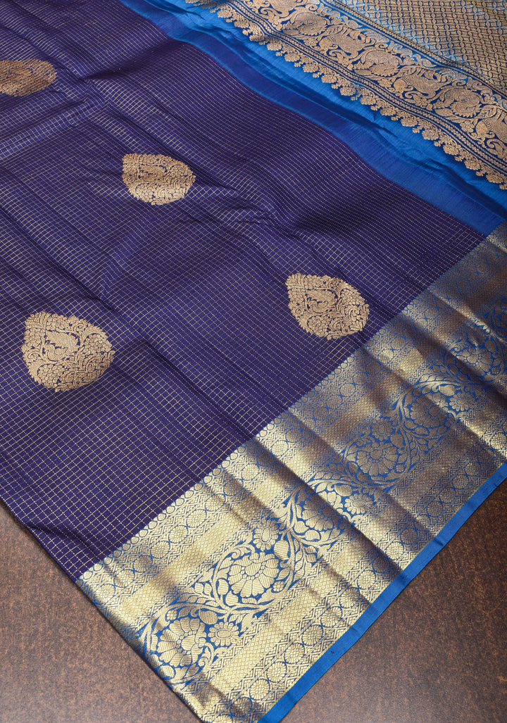 Blue Kanjivaram Pure Silk Saree with Podi Kattam Zari Checks and Damask Buttas with contrast Border | SILK MARK CERTIFIED