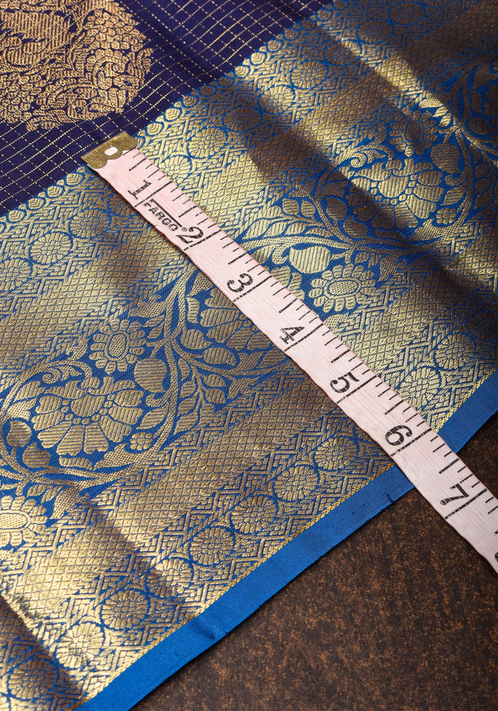 Blue Kanjivaram Pure Silk Saree with Podi Kattam Zari Checks and Damask Buttas with contrast Border | SILK MARK CERTIFIED