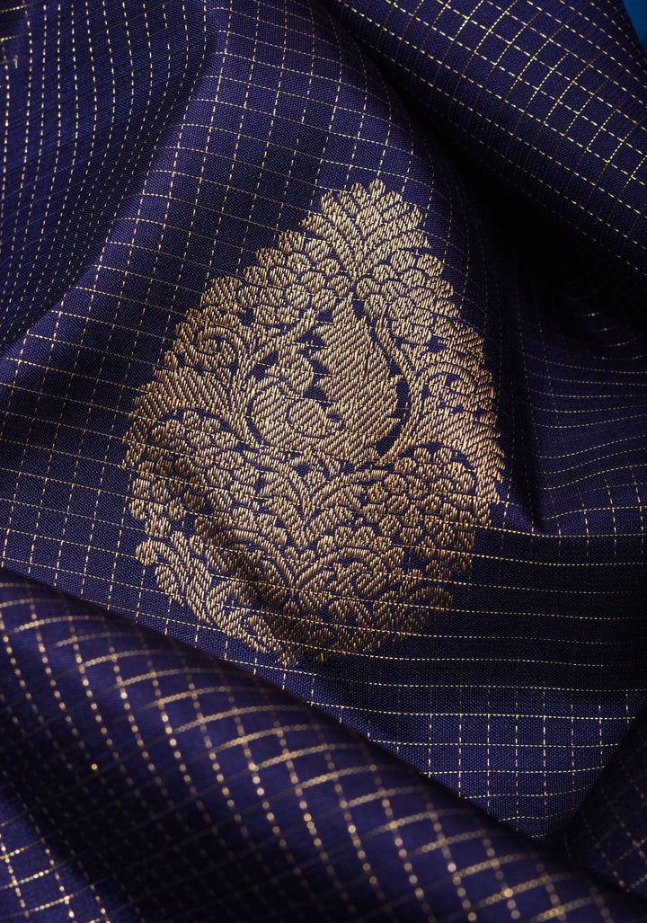 Blue Kanjivaram Pure Silk Saree with Podi Kattam Zari Checks and Damask Buttas with contrast Border | SILK MARK CERTIFIED