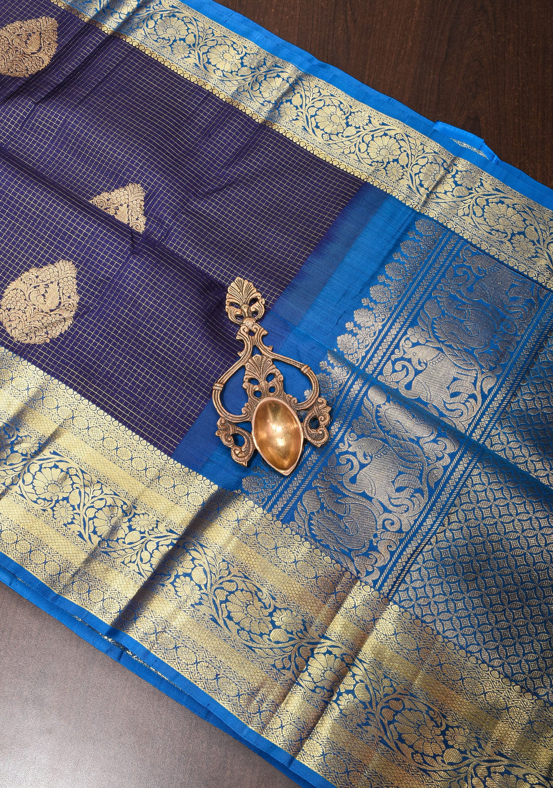Blue Kanjivaram Pure Silk Saree with Podi Kattam Zari Checks and Damask Buttas with contrast Border | SILK MARK CERTIFIED