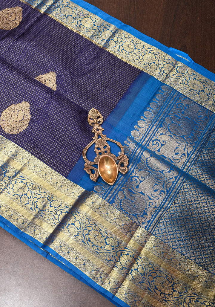 Blue Kanjivaram Pure Silk Saree with Podi Kattam Zari Checks and Damask Buttas with contrast Border | SILK MARK CERTIFIED