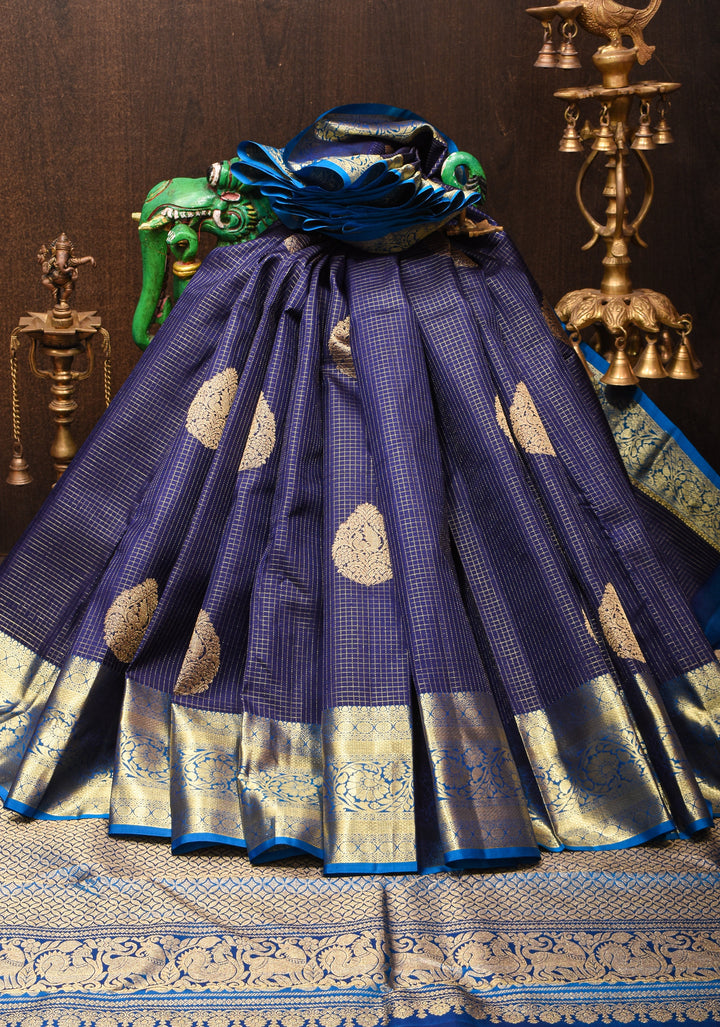 Blue Kanjivaram Pure Silk Saree with Podi Kattam Zari Checks and Damask Buttas with contrast Border | SILK MARK CERTIFIED