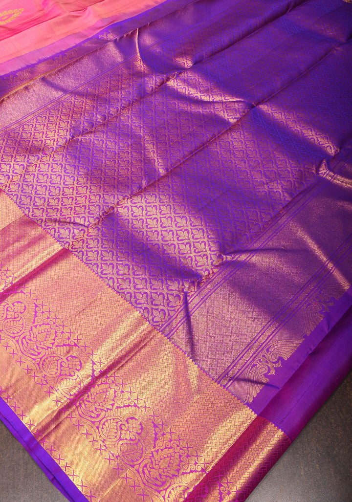 Zari Checks on Pink Kanjivaram Silk Saree , damask buttas and Contrast Zari Border | SILK MARK CERTIFIED