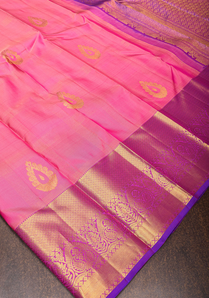 Zari Checks on Pink Kanjivaram Silk Saree , damask buttas and Contrast Zari Border | SILK MARK CERTIFIED