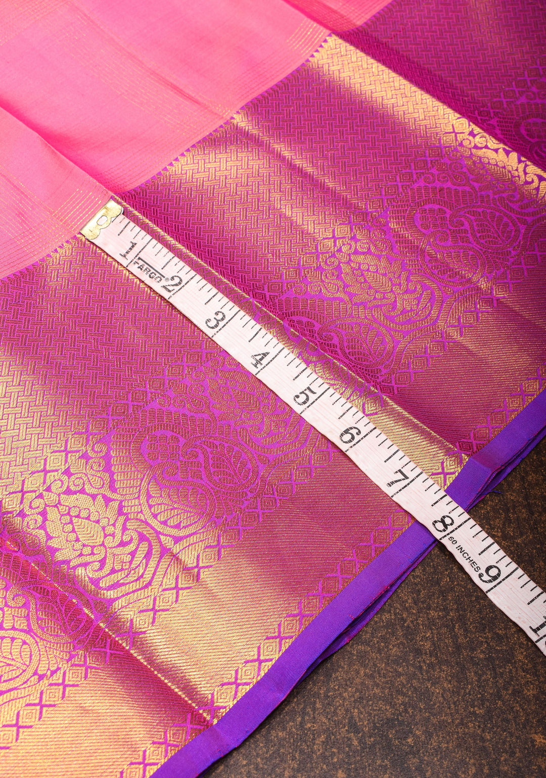 Zari Checks on Pink Kanjivaram Silk Saree , damask buttas and Contrast Zari Border | SILK MARK CERTIFIED