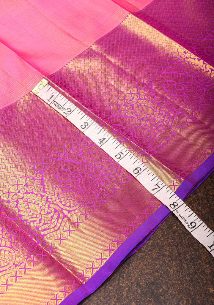 Zari Checks on Pink Kanjivaram Silk Saree , damask buttas and Contrast Zari Border | SILK MARK CERTIFIED