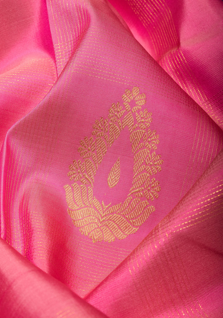 Zari Checks on Pink Kanjivaram Silk Saree , damask buttas and Contrast Zari Border | SILK MARK CERTIFIED