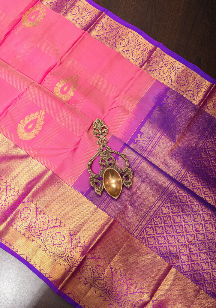 Zari Checks on Pink Kanjivaram Silk Saree , damask buttas and Contrast Zari Border | SILK MARK CERTIFIED
