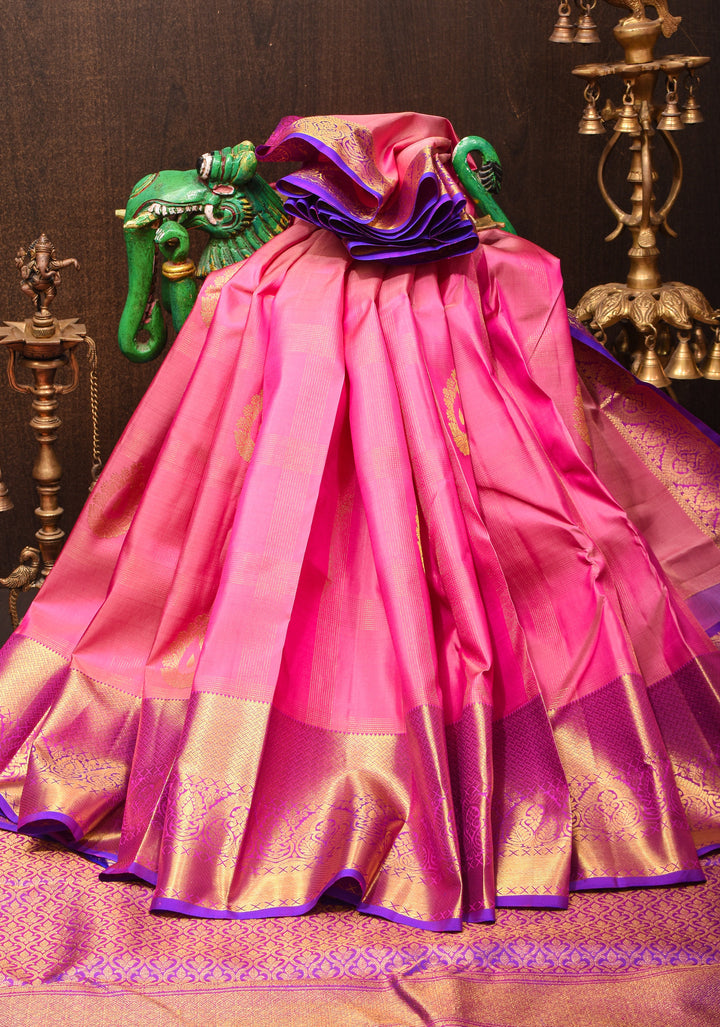 Zari Checks on Pink Kanjivaram Silk Saree , damask buttas and Contrast Zari Border | SILK MARK CERTIFIED