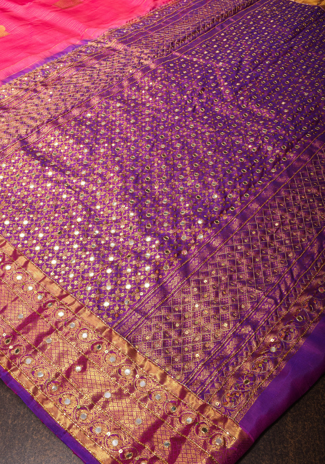 Handwork Pink Pure Silk Kanjivaram Saree with  Sequins Cutdana Mirror Work on Borders and Pallu  | SILK MARK CERTIFIED
