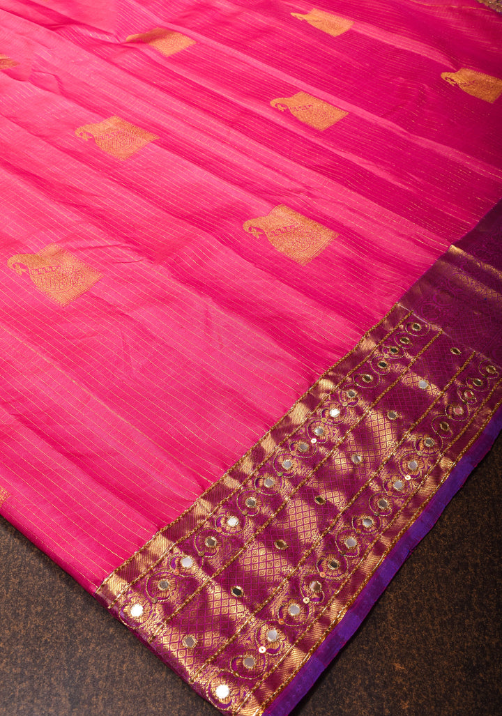 Handwork Pink Pure Silk Kanjivaram Saree with  Sequins Cutdana Mirror Work on Borders and Pallu  | SILK MARK CERTIFIED