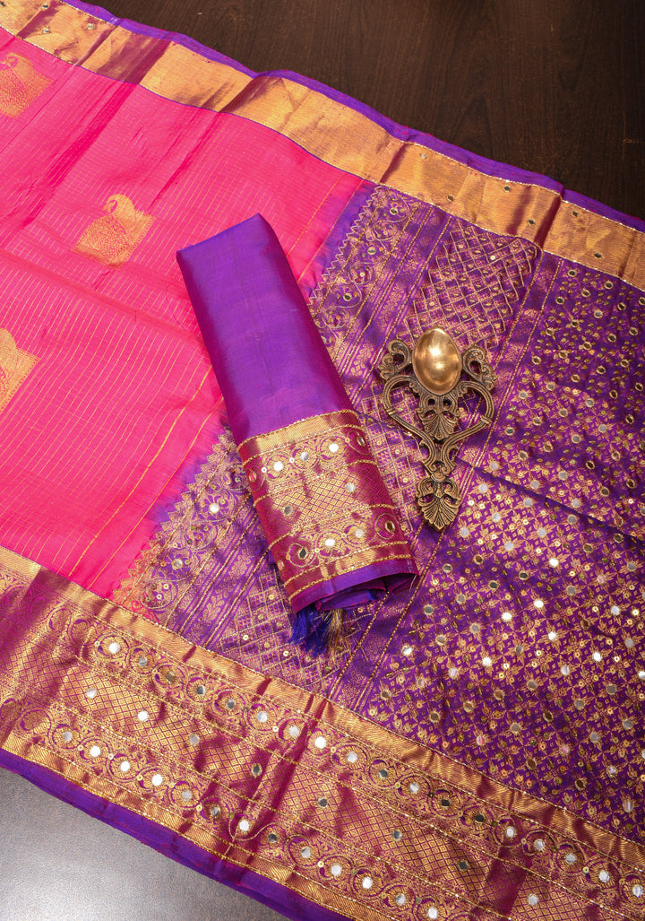 Handwork Pink Pure Silk Kanjivaram Saree with  Sequins Cutdana Mirror Work on Borders and Pallu  | SILK MARK CERTIFIED