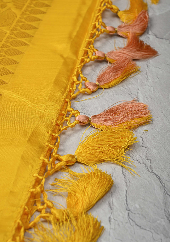 Yellow Kanjivaram Silk Saree with Damask Motifs and Zari Border | SILK MARK CERTIFIED