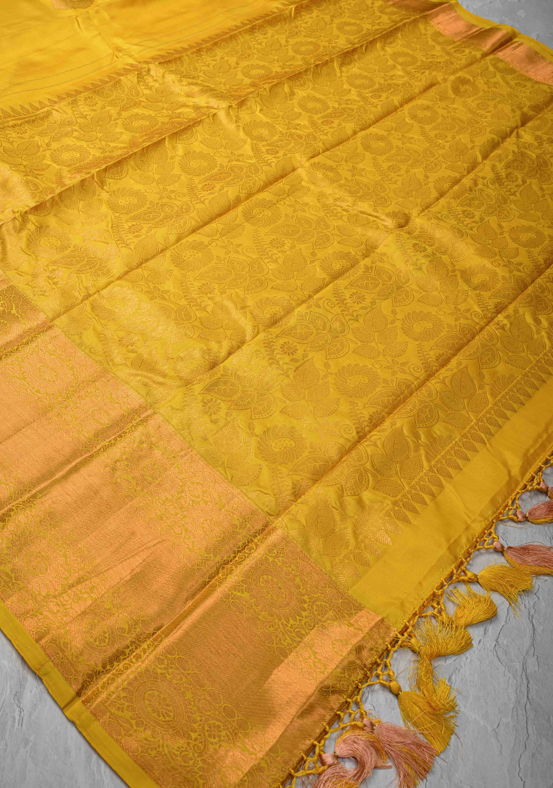Yellow Kanjivaram Silk Saree with Damask Motifs and Zari Border | SILK MARK CERTIFIED