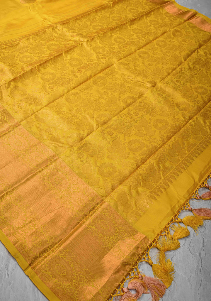 Yellow Kanjivaram Silk Saree with Damask Motifs and Zari Border | SILK MARK CERTIFIED