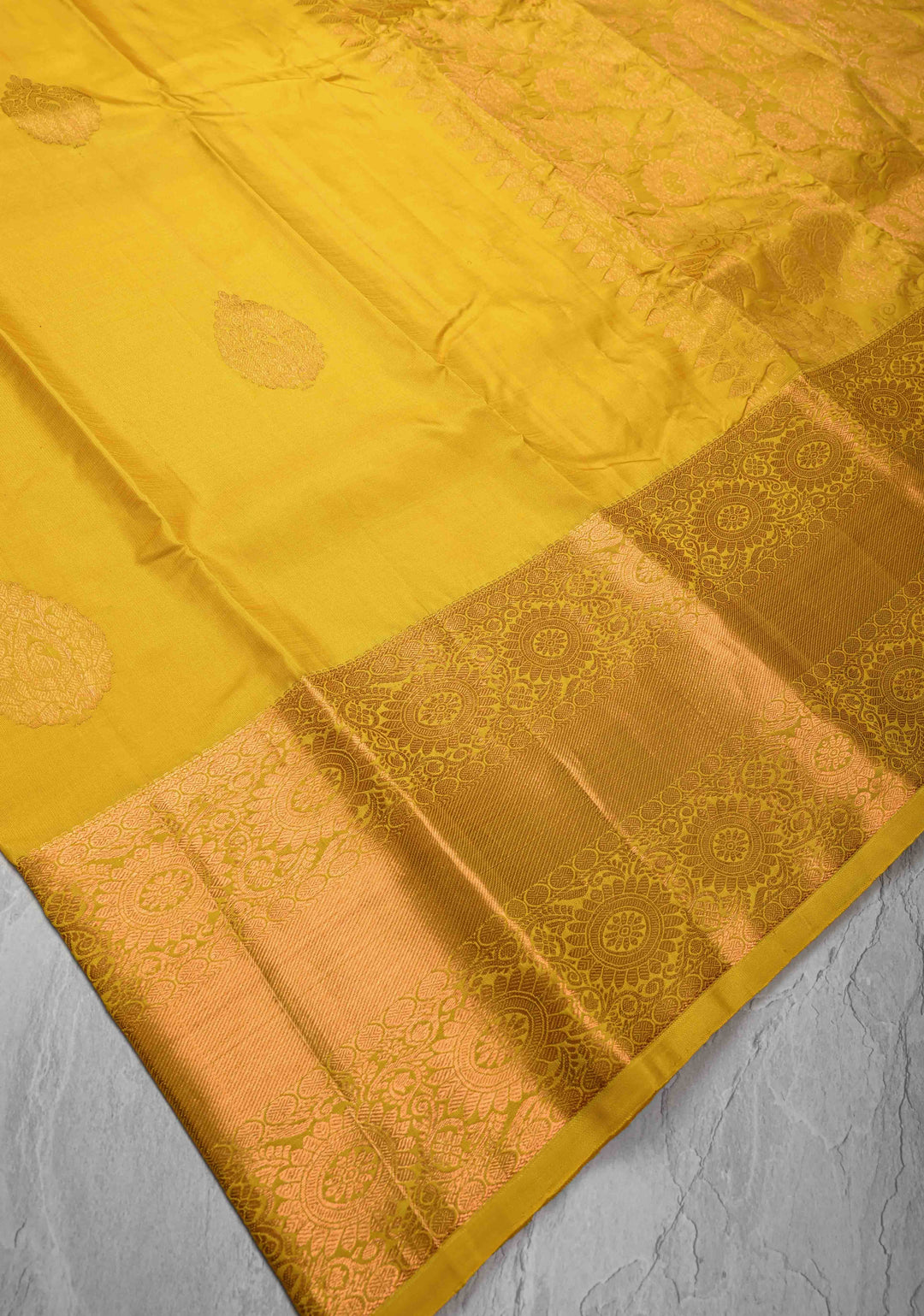Yellow Kanjivaram Silk Saree with Damask Motifs and Zari Border | SILK MARK CERTIFIED