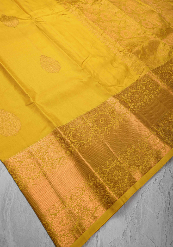 Yellow Kanjivaram Silk Saree with Damask Motifs and Zari Border | SILK MARK CERTIFIED