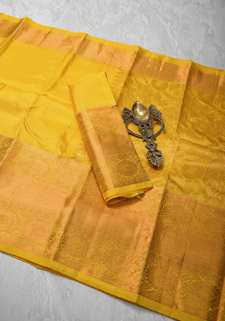 Yellow Kanjivaram Silk Saree with Damask Motifs and Zari Border | SILK MARK CERTIFIED