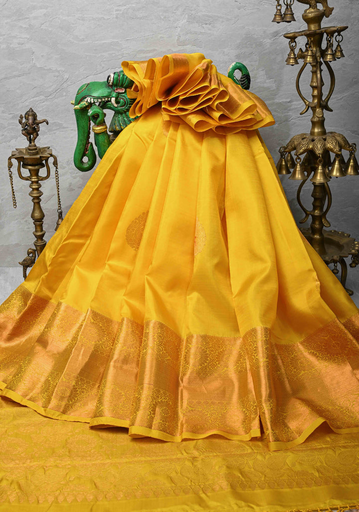 Yellow Kanjivaram Silk Saree with Damask Motifs and Zari Border | SILK MARK CERTIFIED