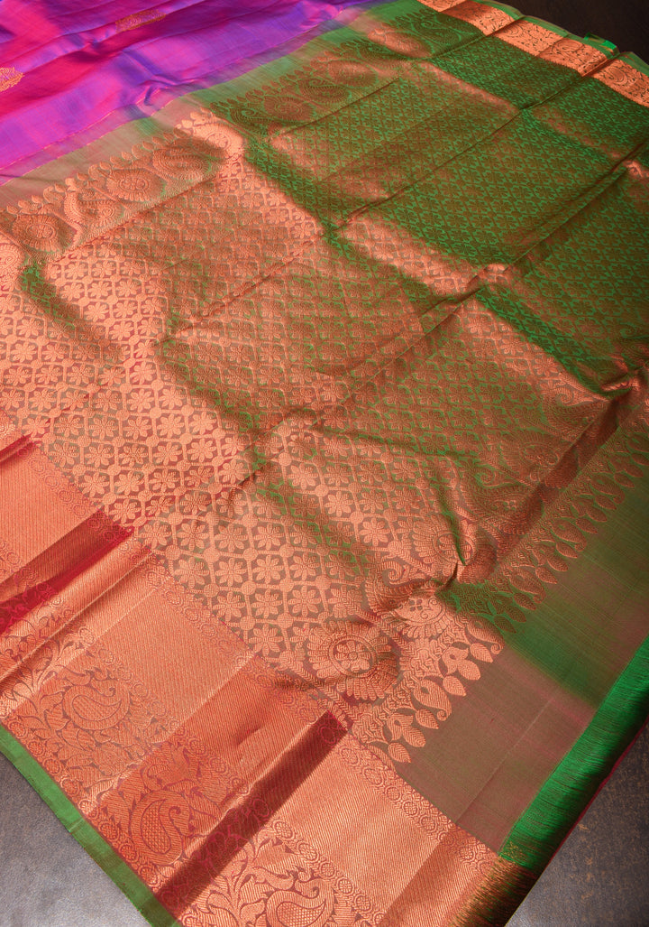 Purple Dual tone Kanjivaram Silk Saree with Damask motifs and Contrast zari Border| SILK MARK CERTIFIED