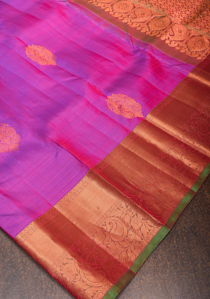 Purple Dual tone Kanjivaram Silk Saree with Damask motifs and Contrast zari Border| SILK MARK CERTIFIED