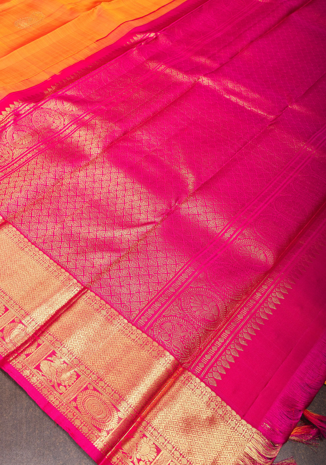 Mustard Orange Dual tone Kanjivaram Silk Saree with Paisley Motifs and Zari Border| SILK MARK CERTIFIED