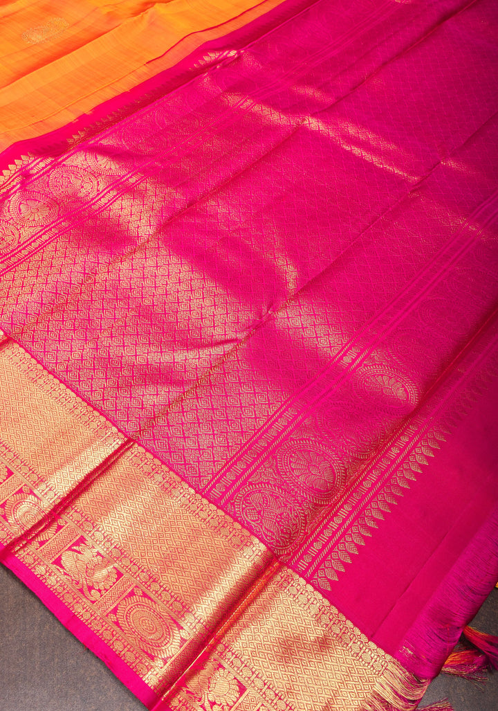 Mustard Orange Dual tone Kanjivaram Silk Saree with Paisley Motifs and Zari Border| SILK MARK CERTIFIED