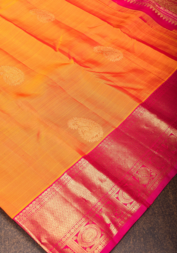 Mustard Orange Dual tone Kanjivaram Silk Saree with Paisley Motifs and Zari Border| SILK MARK CERTIFIED