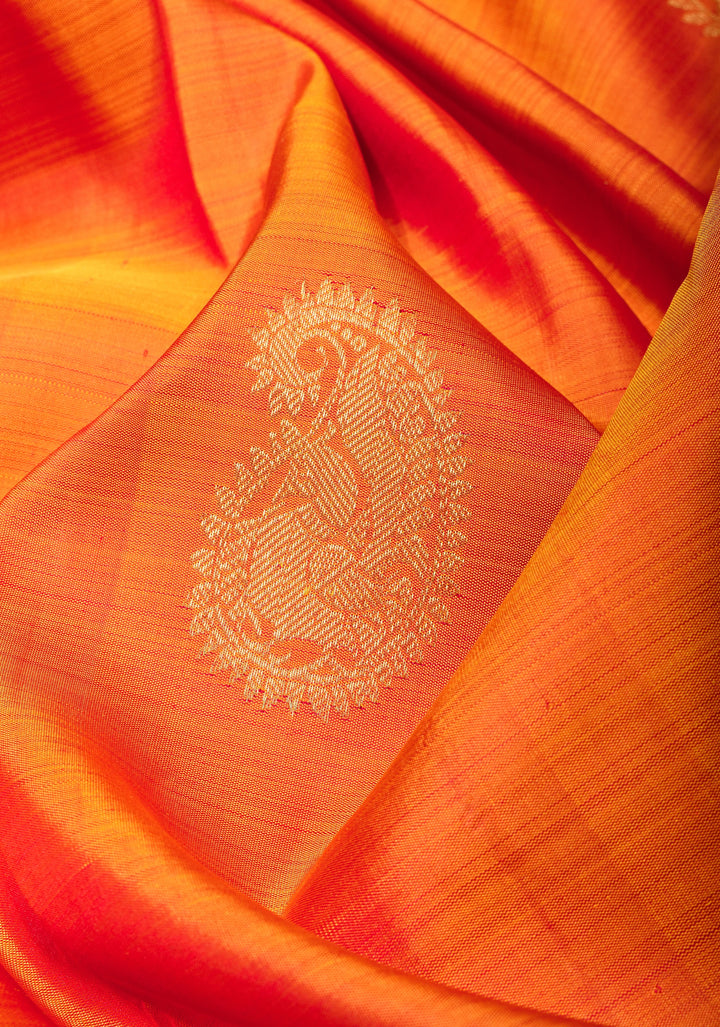 Mustard Orange Dual tone Kanjivaram Silk Saree with Paisley Motifs and Zari Border| SILK MARK CERTIFIED