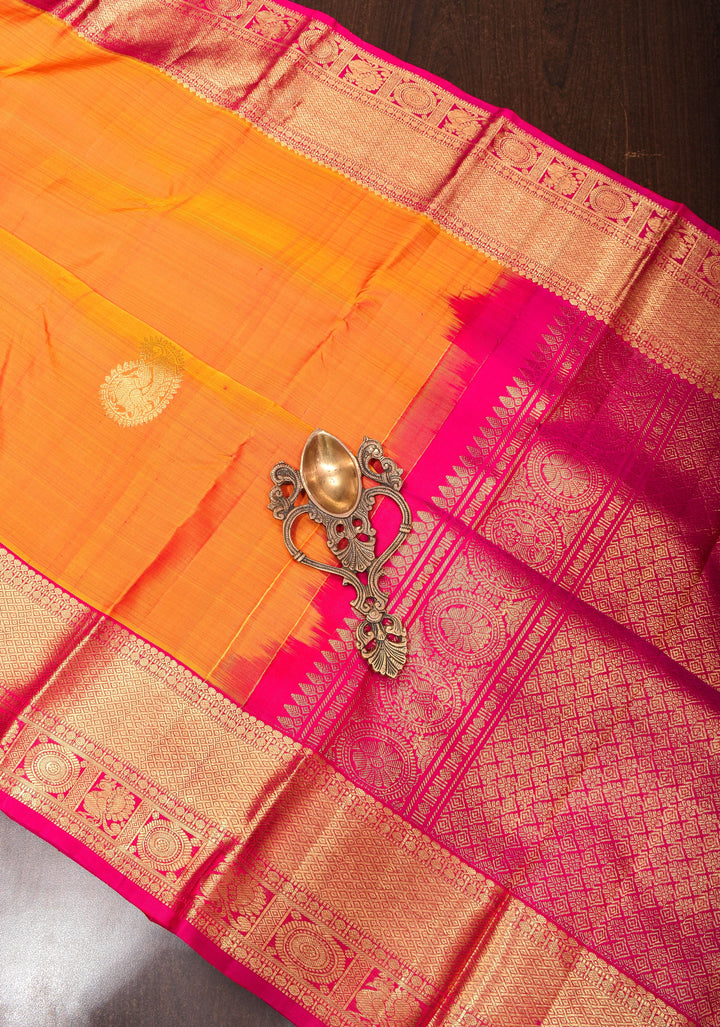 Mustard Orange Dual tone Kanjivaram Silk Saree with Paisley Motifs and Zari Border| SILK MARK CERTIFIED
