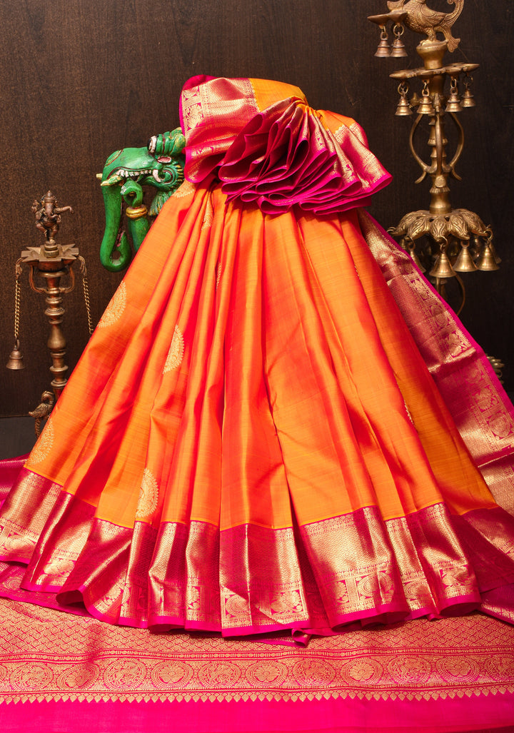 Mustard Orange Dual tone Kanjivaram Silk Saree with Paisley Motifs and Zari Border| SILK MARK CERTIFIED