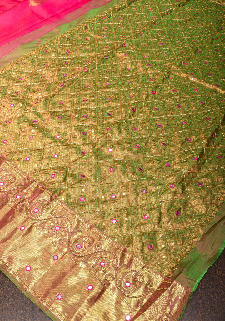 Amaranth Pink Pure Silk Kanjivaram Saree with Sequins Cutdana Mirror Work on Borders and Pallu  | SILK MARK CERTIFIED
