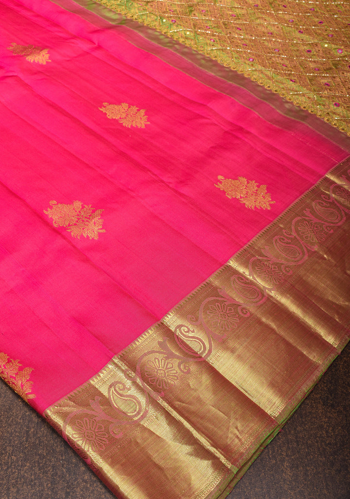 Amaranth Pink Pure Silk Kanjivaram Saree with Sequins Cutdana Mirror Work on Borders and Pallu  | SILK MARK CERTIFIED