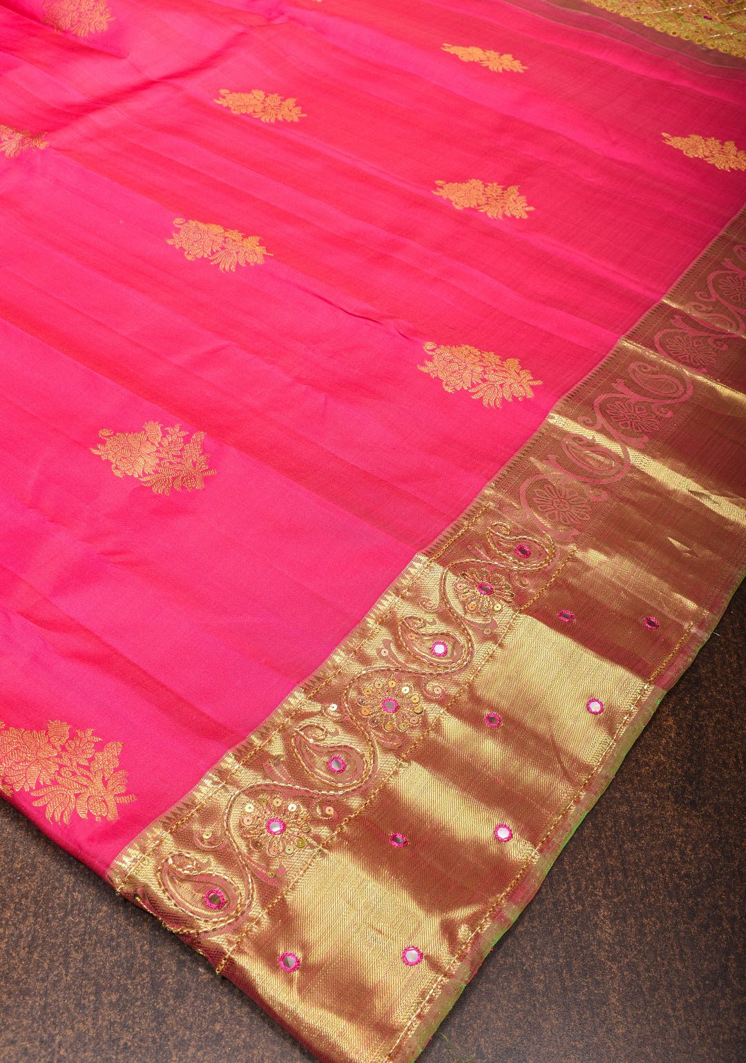 Amaranth Pink Pure Silk Kanjivaram Saree with Sequins Cutdana Mirror Work on Borders and Pallu  | SILK MARK CERTIFIED
