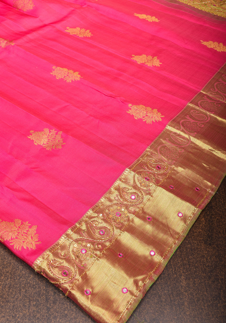 Amaranth Pink Pure Silk Kanjivaram Saree with Sequins Cutdana Mirror Work on Borders and Pallu  | SILK MARK CERTIFIED