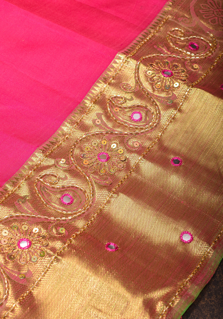 Amaranth Pink Pure Silk Kanjivaram Saree with Sequins Cutdana Mirror Work on Borders and Pallu  | SILK MARK CERTIFIED