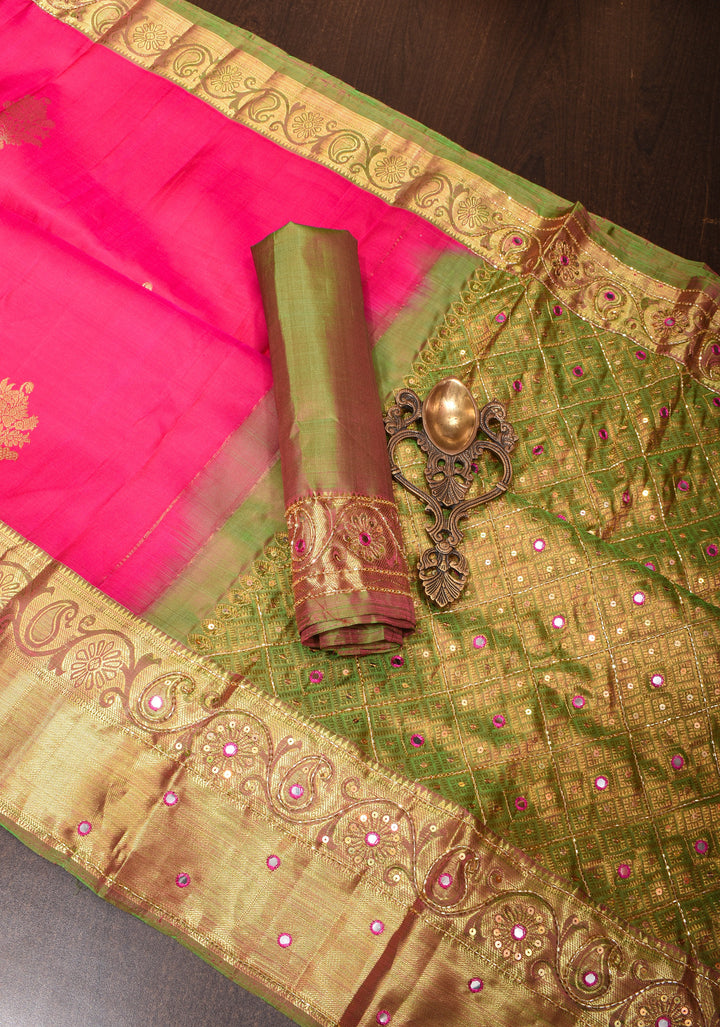 Amaranth Pink Pure Silk Kanjivaram Saree with Sequins Cutdana Mirror Work on Borders and Pallu  | SILK MARK CERTIFIED