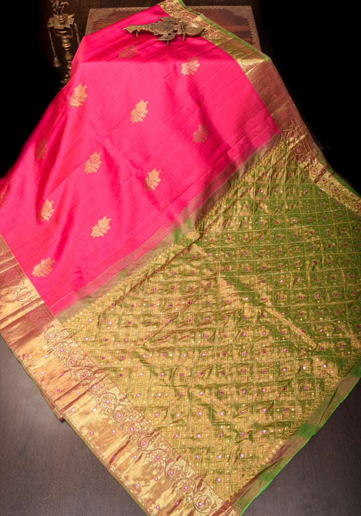 Amaranth Pink Pure Silk Kanjivaram Saree with Sequins Cutdana Mirror Work on Borders and Pallu  | SILK MARK CERTIFIED