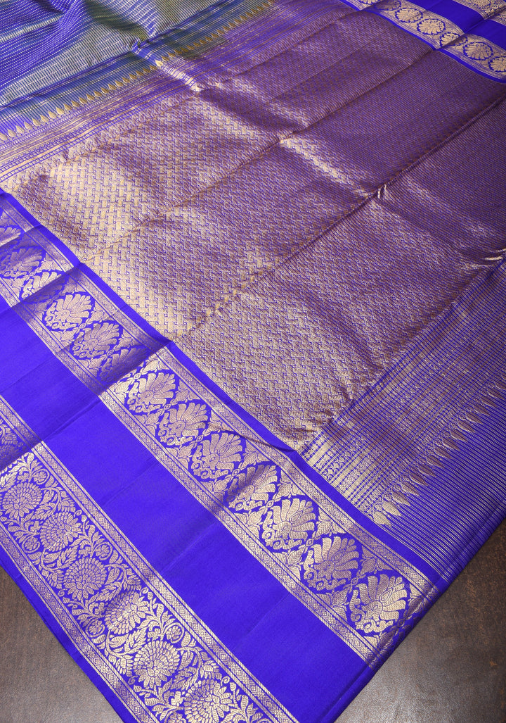 Exquisite Peacock Blue Dual Tone Zari Checks Kanjivaram Pure Silk saree with 2 Side Wide Border | SILK MARK CERTIFIED