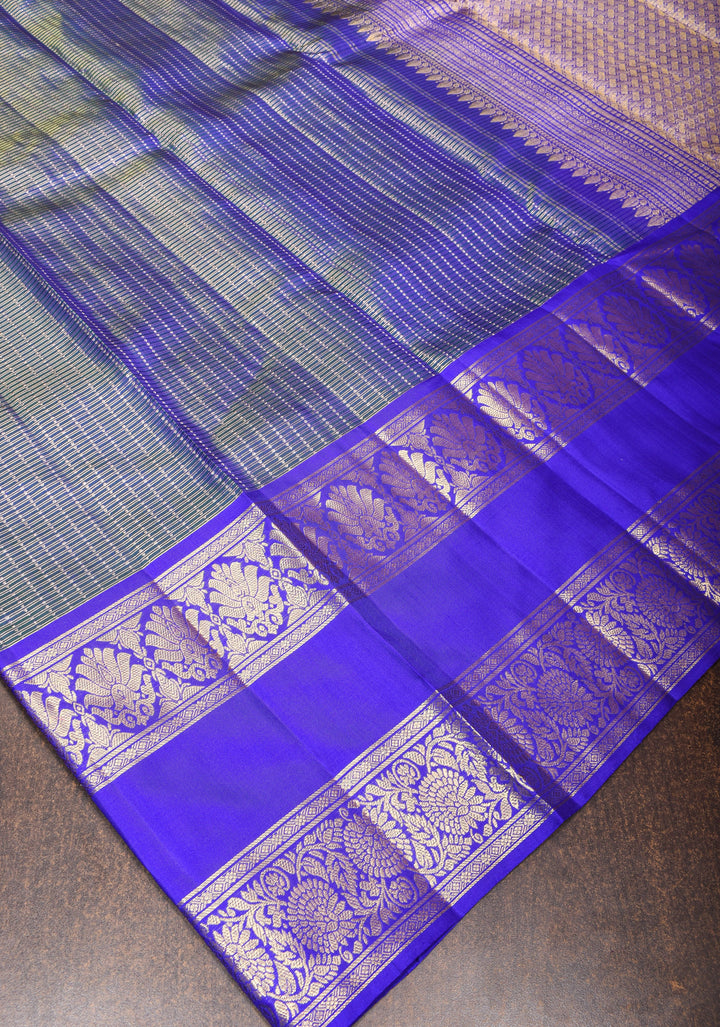 Exquisite Peacock Blue Dual Tone Zari Checks Kanjivaram Pure Silk saree with 2 Side Wide Border | SILK MARK CERTIFIED