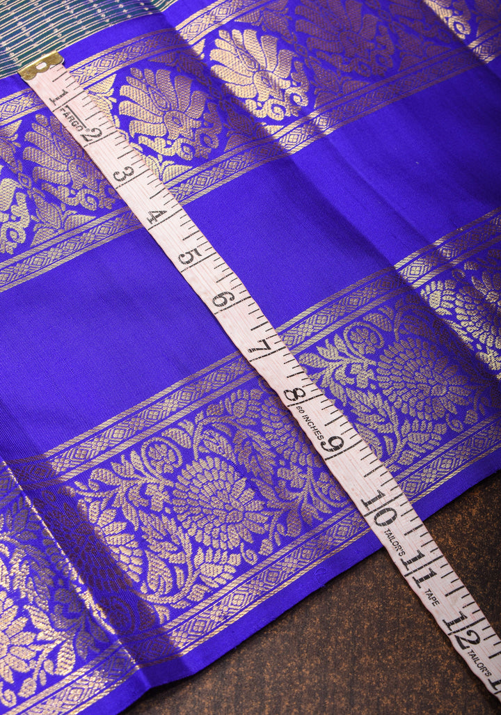 Exquisite Peacock Blue Dual Tone Zari Checks Kanjivaram Pure Silk saree with 2 Side Wide Border | SILK MARK CERTIFIED