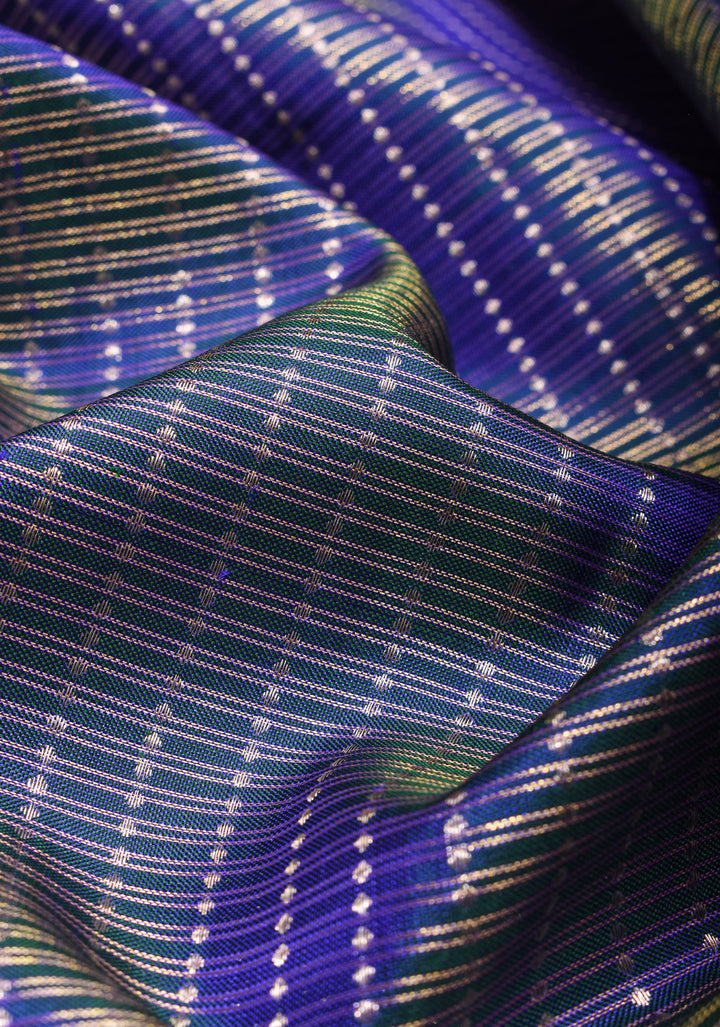 Exquisite Peacock Blue Dual Tone Zari Checks Kanjivaram Pure Silk saree with 2 Side Wide Border | SILK MARK CERTIFIED